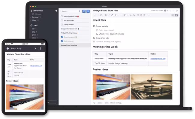 Joplin app with Markdown notes on a laptop and phone