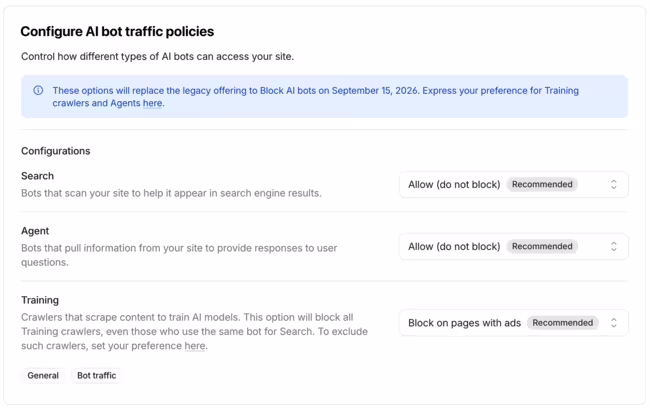 Search, Agent and Training AI bot class settings in the Cloudflare dashboard