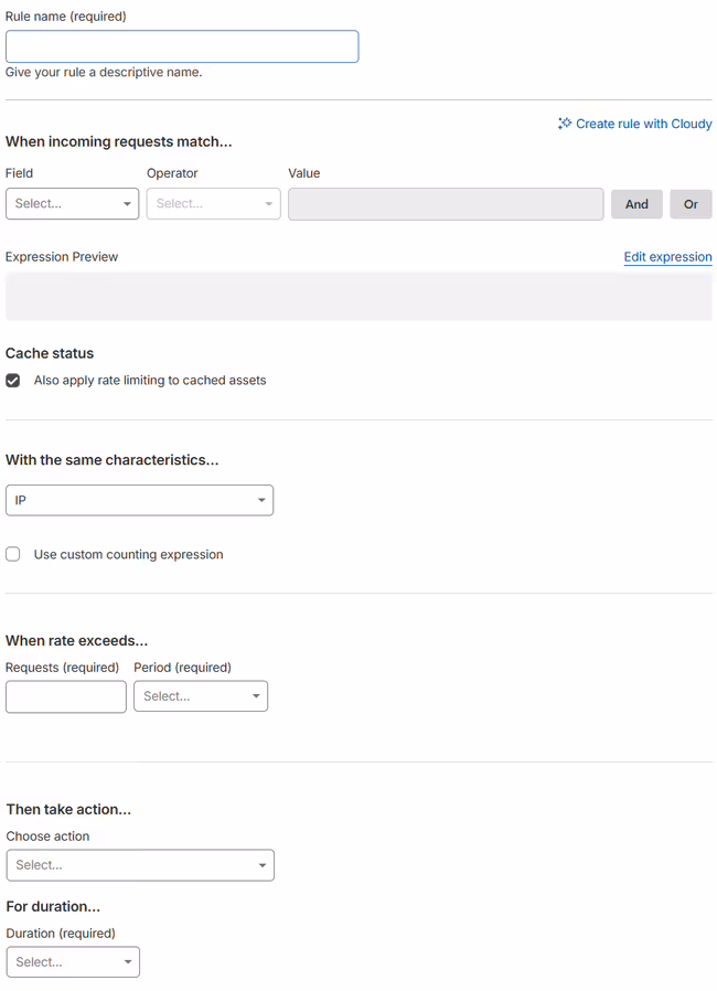 Rate limiting rule creation form in Cloudflare