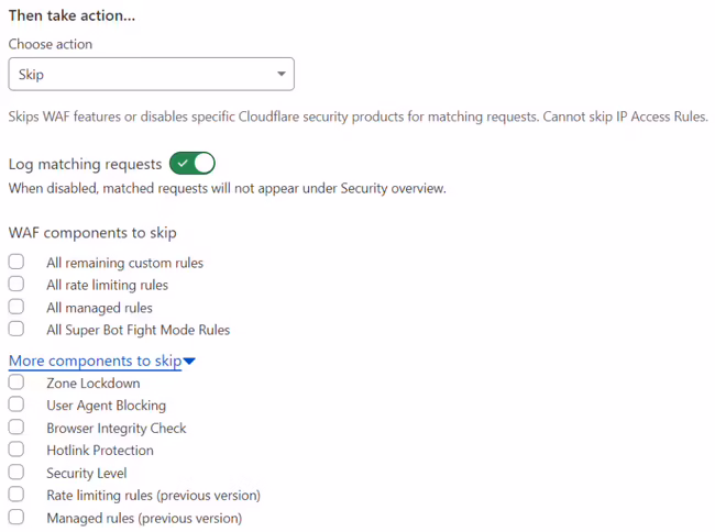 Skip action options in a Cloudflare WAF rule