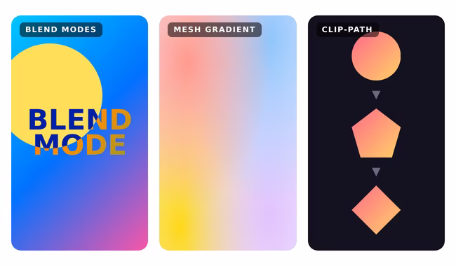 Blend-mode text, a mesh gradient and morphing shapes on a colourful background