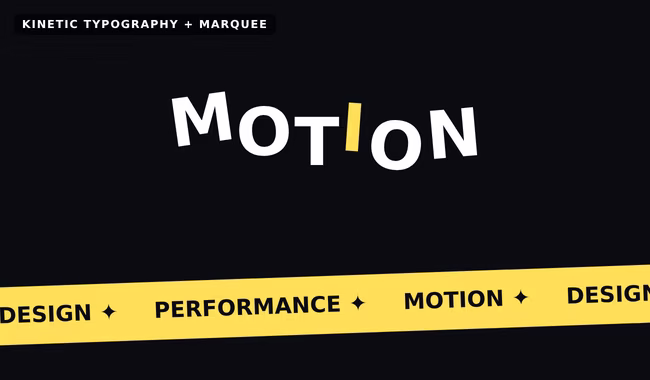 Letters of the word MOTION arranged in motion above a scrolling text strip