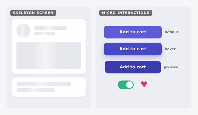 Content skeleton shown while loading and button states: default, hover and pressed