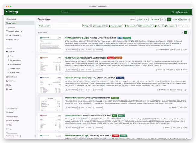 Paperless-ngx document list in card view with tags
