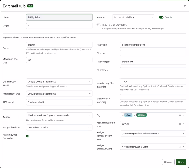 Editing a mail rule for importing documents in Paperless-ngx