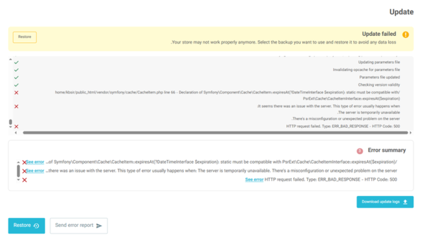 PHP error message in PrestaShop after an interrupted store upgrade