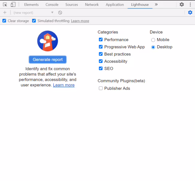 Lighthouse panel in Chrome DevTools